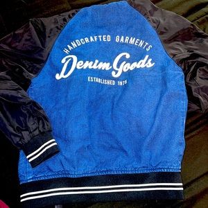 Denimwear denim& poly zip and button coat. Like new, brilliant white embroidery